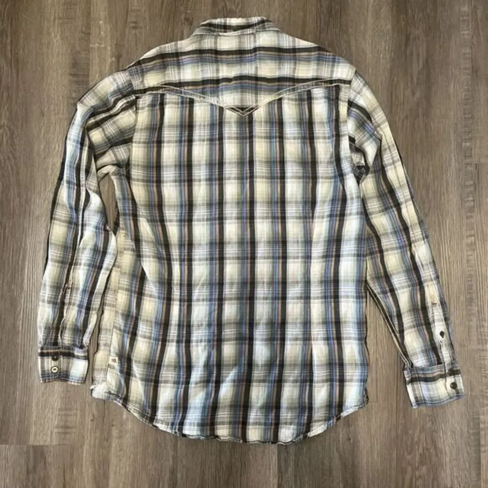Dakota Grizzly Shirt Mens M Blue Tan‎ Plaid Pearl Snap Pockets Western